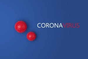 Blue background with white & red text spelling "coronavirus"