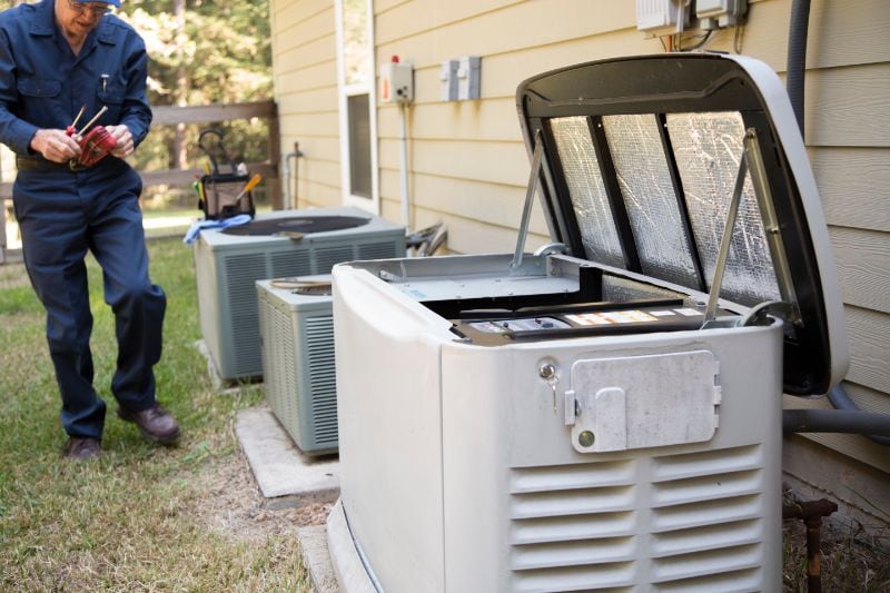 Maintaining Your Whole-House Generator - Serviceman Walks Over to Outdoor Generator Unit.