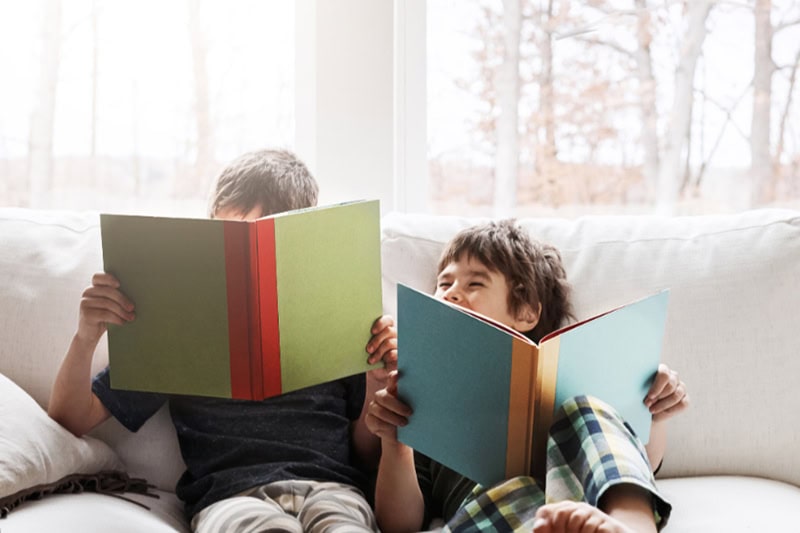 Why Cleaning Your Heat Pump’s Condensate Drain Line Is Important. Photo of young brothers sitting on a couch together reading books.